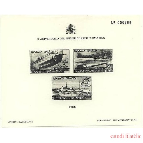 España Spain Hojitas Recuerdo 120 1988 FNMT 50 Aniversario del primer correo submarino Prueba en negro 781