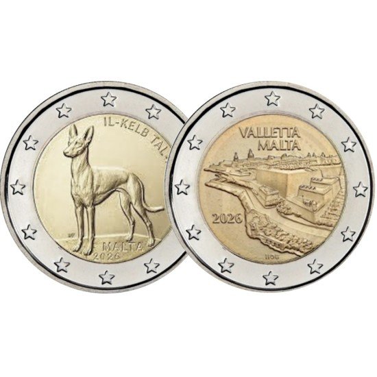 Malta 2026 2 € euros conmemorativos Sabueso Faraón + La Valeta