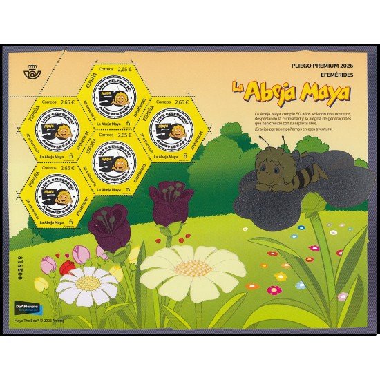 España Pliego Premium 178 2026 Efemérides 50 aniv. La abeja Maya MNH