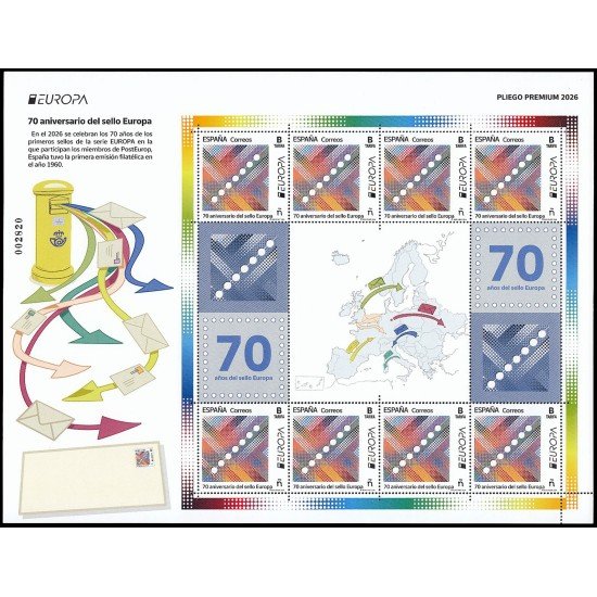 España Pliego Premium 180 2026 Europa 70 aniv. del sello Europa MNH Tarifa B