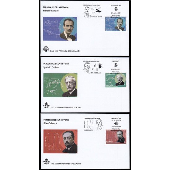 España Spain 5874/76 2025 Personajes de la historia Heraclio Alfaro, Ignacio Bolívar, Blas Cabrera SPD Sobre Primer Día
