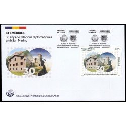 Andorra Española 580 2025 Efemérides 30 anys de relacions diplomàtiques amb San Marino SPD Sobre Primer Día Andorra Española 580 2025 Efemérides 30 anys de relacions diplomàtiques amb San Marino SPD Sobre Primer Día