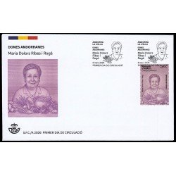 Andorra Española 585 2026 Dones andorranes Maria Dolors Ribes i Rogé SPD Sobre Primer Día Andorra Española 585 2026 Dones andorranes Maria Dolors Ribes i Rogé SPD Sobre Primer Día