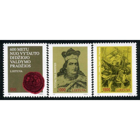 Lituania - 450/52 - 1993 600º Aniv. nacimiento del Gran-Duque Vitautas Sello, retrato, batalla  Lujo