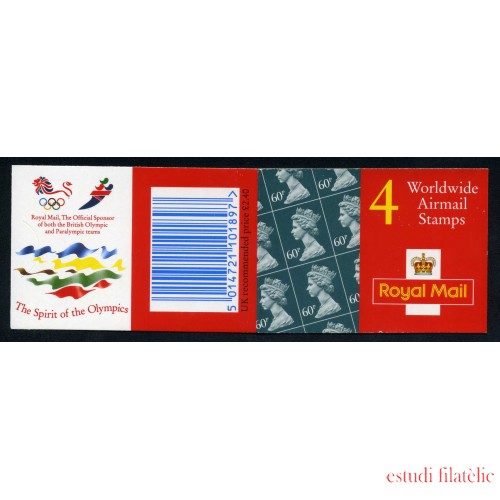 Gran Bretaña - 1779(III)-C - 1996 Isabel II Carnet bloque 4 sellos nº 1779+ 4 etiquetas correo aéreo Logo patrocinio de los JJOO en reverso  Lujo