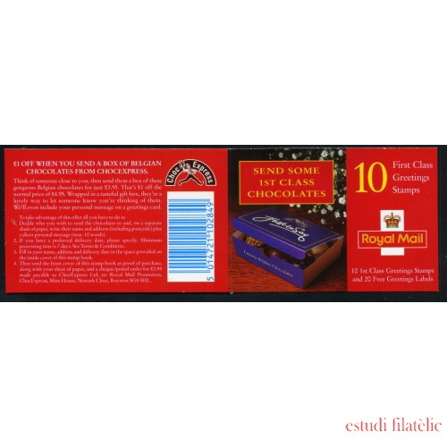 Gran Bretaña - 1925(II) 1998 Carnet 10 sellos nº 1925/34 + 20 etiquetas saludo sin valor  Caja de chocolate  en cobertura Lujo