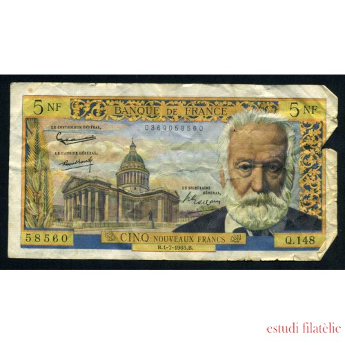 Francia 5 Francos 1965 nuevos Pliegues y roturas Billete Banknote 