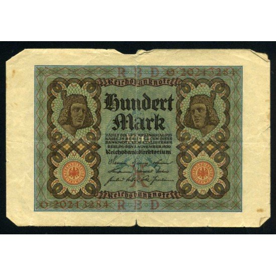 Alemania 100 Marcos 1920 Billete Banknote Circulado Pliegues Roturas Foto estandar Alemania 100 Marcos 1920 Billete Banknote Circulado Pliegues Roturas Foto estandar