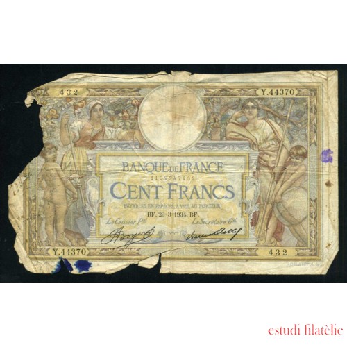 Francia 100 Francos 1934 Billete Banknote Circulado Pliegues Roturas importantes Manchas de tinta
