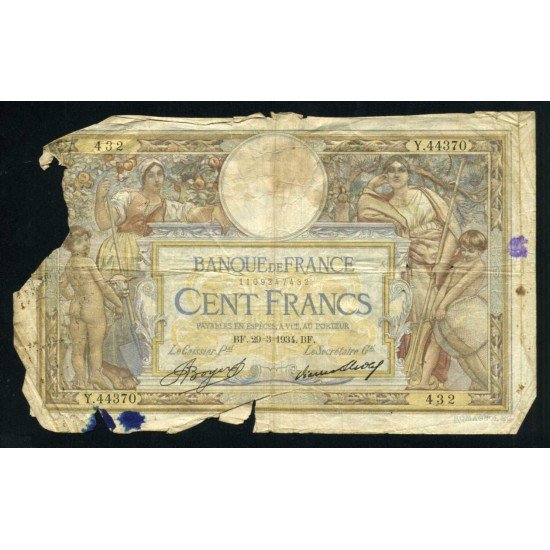 Francia 100 Francos 1934 Billete Banknote Circulado Pliegues Roturas importantes Manchas de tinta Francia 100 Francos 1934 Billete Banknote Circulado Pliegues Roturas importantes Manchas de tinta
