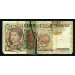 Italia 5000 Liras 1979 Billete Banknote Circulado Rotura central reparada con cinta adhesiva Italia 5000 Liras 1979 Billete Banknote Circulado Rotura central reparada con cinta adhesiva