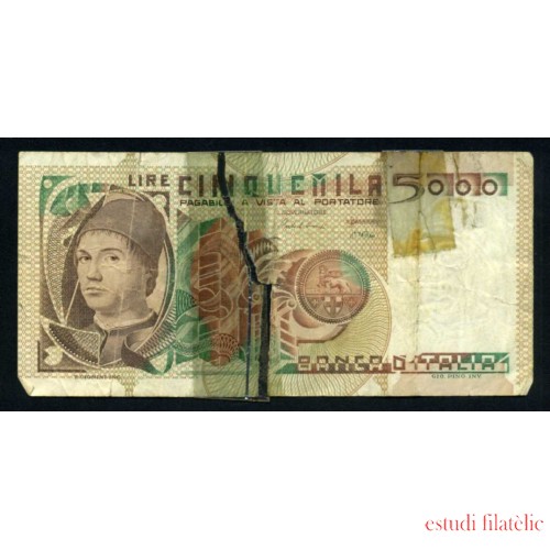 Italia 5000 Liras 1979 Billete Banknote Circulado Rotura central reparada con cinta adhesiva