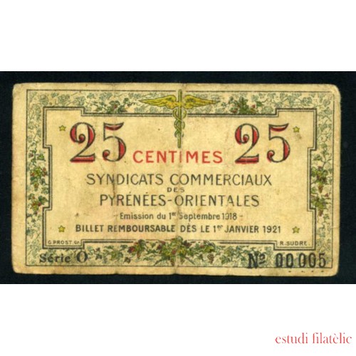 Francia Sindicatos comerciales de los Pirineos Orientales 0.25 Francos 1 de Septiembre de 1918 Pliegues Billete Banknote 