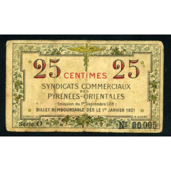 Francia Sindicatos comerciales de los Pirineos Orientales 0.25 Francos 1 de Septiembre de 1918 Pliegues Billete Banknote Francia Sindicatos comerciales de los Pirineos Orientales 0.25 Francos 1 de Septiembre de 1918 Pliegues Billete Banknote