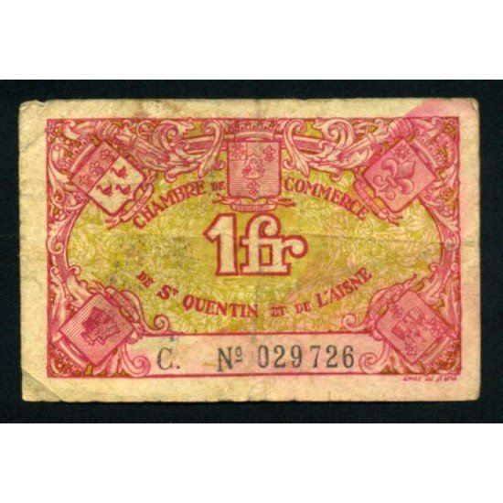 Francia Saint Quentin 1 Franco Cámara de comercio Billete Banknote usado Francia Saint Quentin 1 Franco Cámara de comercio Billete Banknote usado