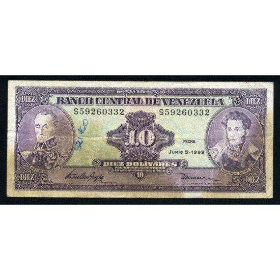 Venezuela 10 bolívares 1995 Billete Banknote Circulado Pliegues Defectos Foto estándar Venezuela 10 bolívares 1995 Billete Banknote Circulado Pliegues Defectos Foto estándar