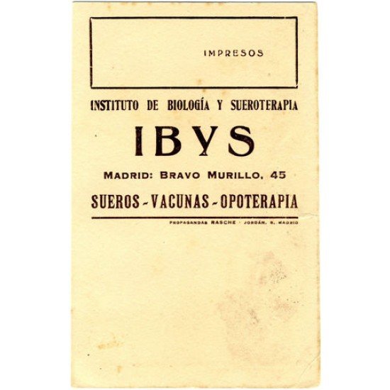 ESPAÑA TARJETA POSTAL PRIVADA Nº 9 LAIZ 419 IBYS SUEROS VACUNAS OPOTERAPIA ESPAÑA TARJETA POSTAL PRIVADA Nº 9 LAIZ 419 IBYS SUEROS VACUNAS OPOTERAPIA