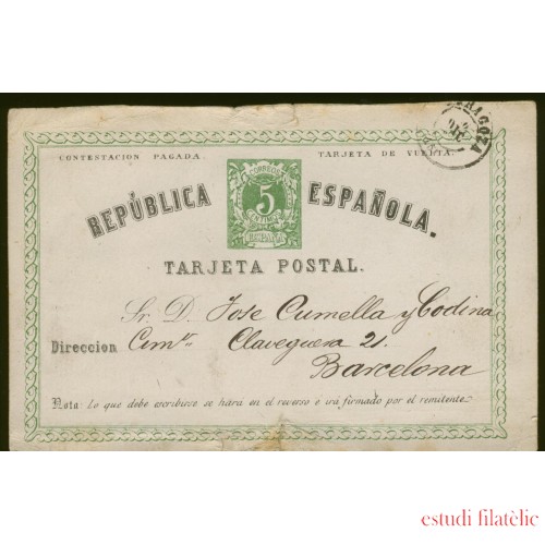 España Spain Entero Postal 2v  Vuelta 1874 Zaragoza a Barcelona