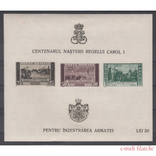Rumanía - 3 S/D 1939 - 40  Centenario Carlos I  Hojita nueva sin fijasellos MNH Sombras