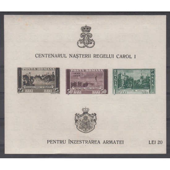 Rumanía - 3 S/D 1939 - 40 Centenario Carlos I Hojita nueva sin fijasellos MNH Sombras Rumanía - 3 S/D 1939 - 40 Centenario Carlos I Hojita nueva sin fijasellos MNH Sombras