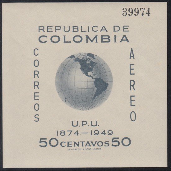 Colombia HB 5 1950 75º Aniv. del UPU Aéreo Mapa mundi MNH Colombia HB 5 1950 75º Aniv. del UPU Aéreo Mapa mundi MNH