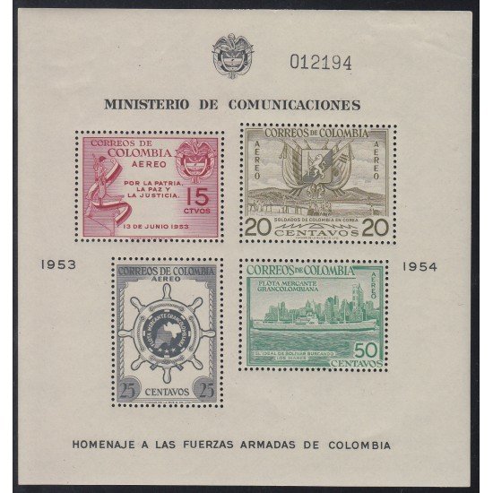 Colombia HB 10 1955 Homenaje Fuerzas Armadas C Aéreo Nueva con fijasellos MNH Colombia HB 10 1955 Homenaje Fuerzas Armadas C Aéreo Nueva con fijasellos MNH