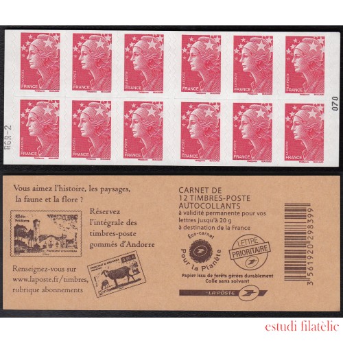 France Francia Carnets 4197-C23 -12 sellos tipo Marianne de Beaujard  Sellos de Andorra  en reverso Lujo