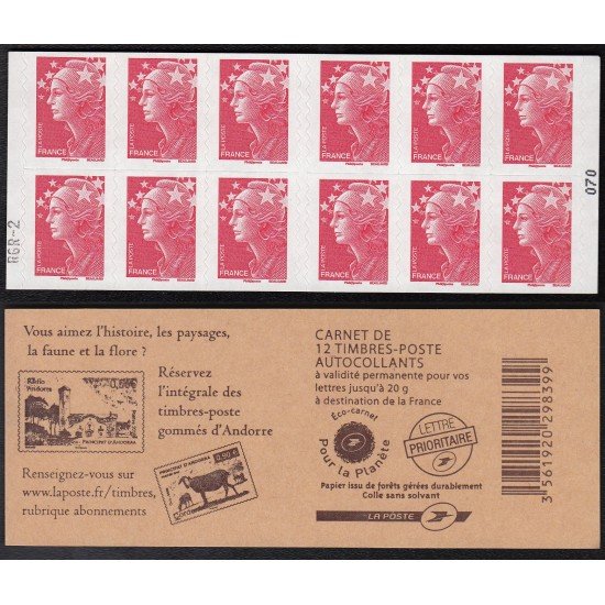France Francia Carnets 4197-C23 -12 sellos tipo Marianne de Beaujard Sellos de Andorra en reverso Lujo France Francia Carnets 4197-C23 -12 sellos tipo Marianne de Beaujard Sellos de Andorra en reverso Lujo