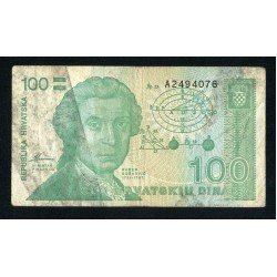 Croacia 100 Dinars 1991 Billete Banknote culado, pliegues, manchas Croacia 100 Dinars 1991 Billete Banknote culado, pliegues, manchas