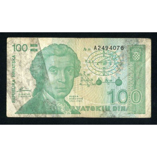 Croacia 100 Dinars 1991 Billete Banknote culado, pliegues, manchas Croacia 100 Dinars 1991 Billete Banknote culado, pliegues, manchas
