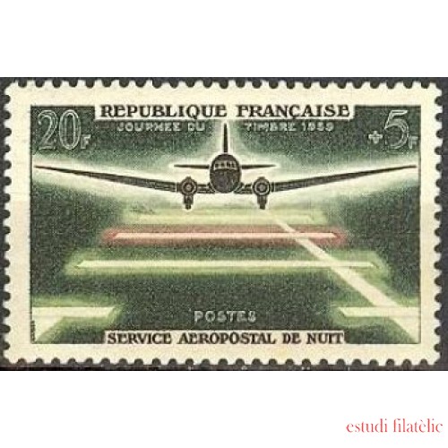 France Francia Nº 1196 1959 Día del sello y 20º aniv. del servicio aeropostal nocturno Lujo