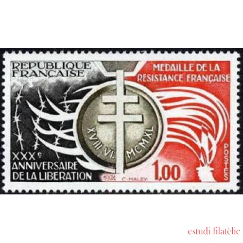 France Francia Nº 1821 1974 XXX Aniv. de la Liberación (Medalla de la Resistencia) Lujo