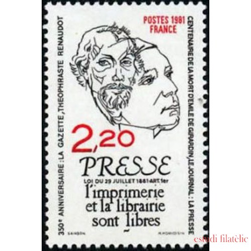 France Francia Nº 2143 1981 350º Aniv. del periódico La Gazette Centenario de la ley de libertad de prensa y de la muerte de Emile de Girardin Lujo