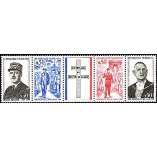 France Francia Nº 1698A - 1971 Aniv. muerte General de Gaulle Banda 4 val. 1695/98 + viñeta Lujo