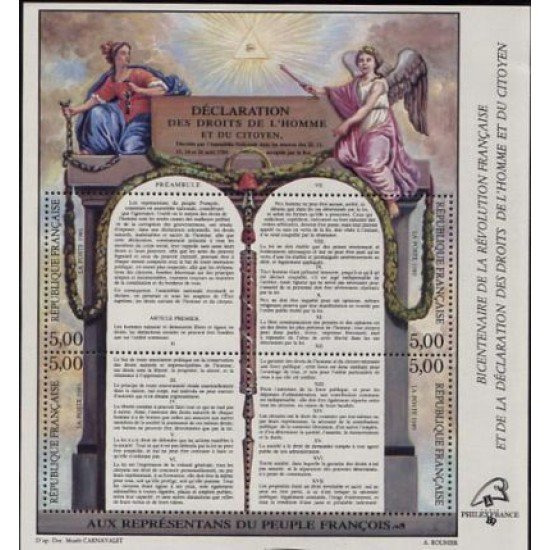 France Francia HB 11 1989 Bicentenario de la Revolución y Decl. Derechos del Hombre y los ciudadanos 4 val. 2596/99 Ilustración, texto de la declaración Lujo