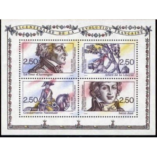 France Francia HB 13 1991 Bicentenario de la Revolución Personajes 4 val. nº 2700/03 Ilustración, guirnalda de flores Lujo France Francia HB 13 1991 Bicentenario de la Revolución Personajes 4 val. nº 2700/03 Ilustración, guirnalda de flores Lujo