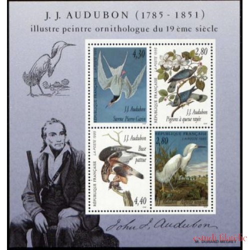 France Francia HB 18 1995 Serie artes decorativas Homenaje a J.-J. Audubon, pintor ornitólogo Aves 4 val. nº 2929a/32/a Ilustración: retrato, ave Lujo