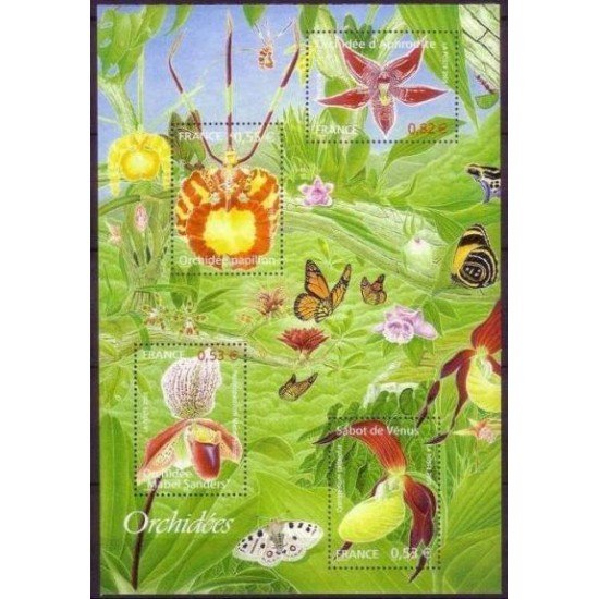 France Francia HB 81 2005 Serie Naturaleza Flores 4 val. 3763/66 Ilustración: paisaje con flores y mariposas