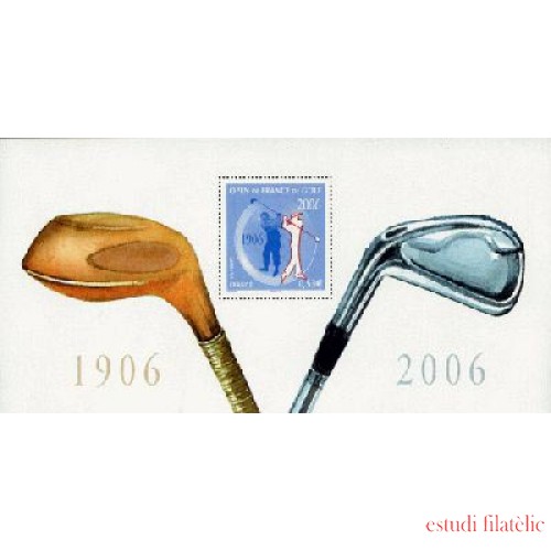 France Francia Hojitas Souvenir 6-BS - 2007 Deporte Golf 100º Aniv. del Open de Francia palos de golf, golfista   1 valor en Hojita con blister (público,trofeo) Lujo