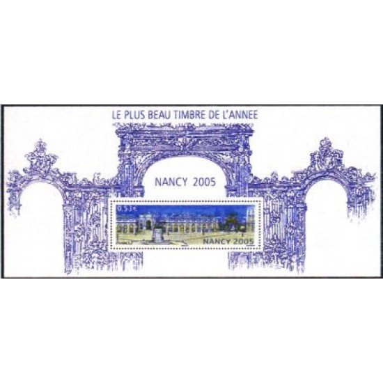 France Francia Hojitas Souvenir 14 -BS - 2006 Nancy  2005 Mejor sello del año 2005 Plaza Stanislas y estatua 1 valor en hojita con blister Lujo