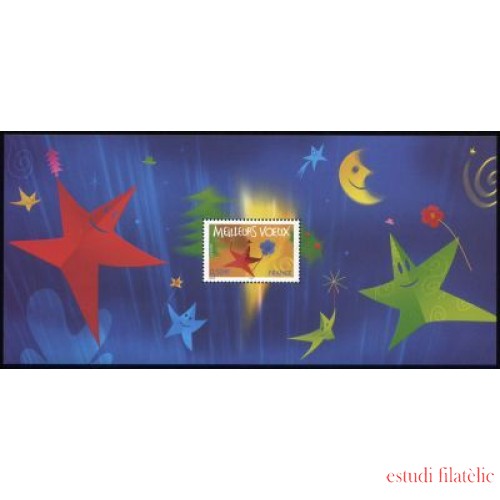 France Francia Hojitas Souvenir  3 BS - 2004 Mejores deseos Estrella sujetando flor 1 valor en Hojita con blister  Tarjeta de felicitación Árbol Navidad Lujo