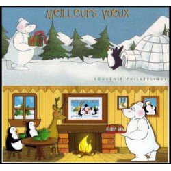 France Francia Hojitas Souvenir  5 -BS - 2005 Pingüinos, reno, oso muñeco de nieve 1 valor en  Hojita con blister  Tarjeta de felicitación  Lujo