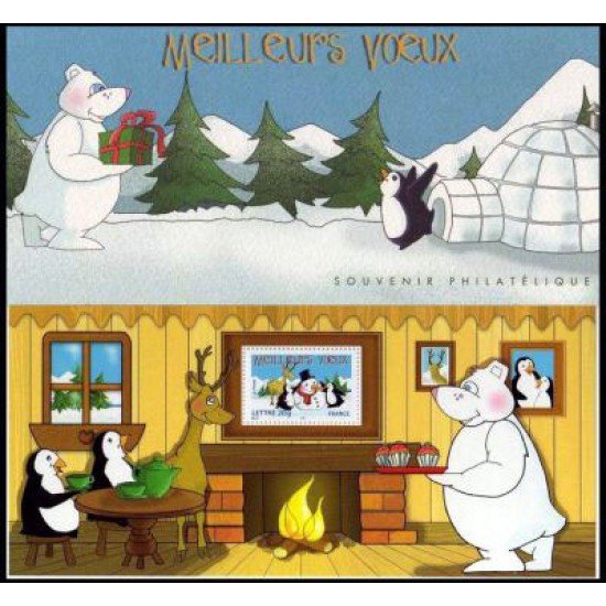 France Francia Hojitas Souvenir  5 -BS - 2005 Pingüinos, reno, oso muñeco de nieve 1 valor en  Hojita con blister  Tarjeta de felicitación  Lujo