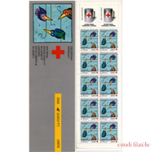 France Francia Carnets 2041 Cruz Roja Mutua Strasbourg Pájaros Carnet 10 sellos nº 2783 (1992)+2 viñetas Lujo