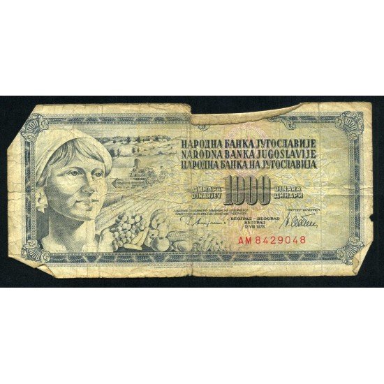 Yugoslavia 1000 Dinara 1981 Billete circulado Pliegues y roturas Yugoslavia 1000 Dinara 1981 Billete circulado Pliegues y roturas