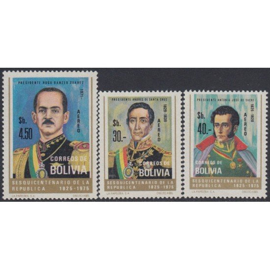 Bolivia A-326/28 1975 Presidentes Hugo Banzer Andrés Sta Cruz Antonio Sucre MNH Bolivia A-326/28 1975 Presidentes Hugo Banzer Andrés Sta Cruz Antonio Sucre MNH