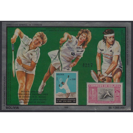Bolivia HBM-159 Exp. Filatélica Estaño XXXII Campeonato Tenis Sudamericano MNH Bolivia HBM-159 Exp. Filatélica Estaño XXXII Campeonato Tenis Sudamericano MNH