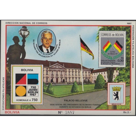 Bolivia HBM-169 Exp. Filatélica Sede oficial del Presidente Alemán en Berlín MNH Bolivia HBM-169 Exp. Filatélica Sede oficial del Presidente Alemán en Berlín MNH