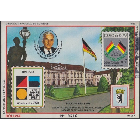 Bolivia HBM-169 Exp. Filatélica Sede oficial del Presidente Alemán Berlín Usado Bolivia HBM-169 Exp. Filatélica Sede oficial del Presidente Alemán Berlín Usado