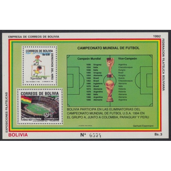 Bolivia HBM-198 Bolivia participa en eliminatorias de fútbol en EUA 1994 MNH Bolivia HBM-198 Bolivia participa en eliminatorias de fútbol en EUA 1994 MNH